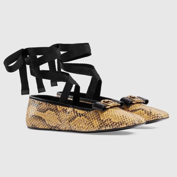 GUCCI SHOES PYTHON BALLET FLATS w LOGO BOW RIBBON ANKLE TIES $1,059 sz 39.5 9.5 - Picture 3 of 16